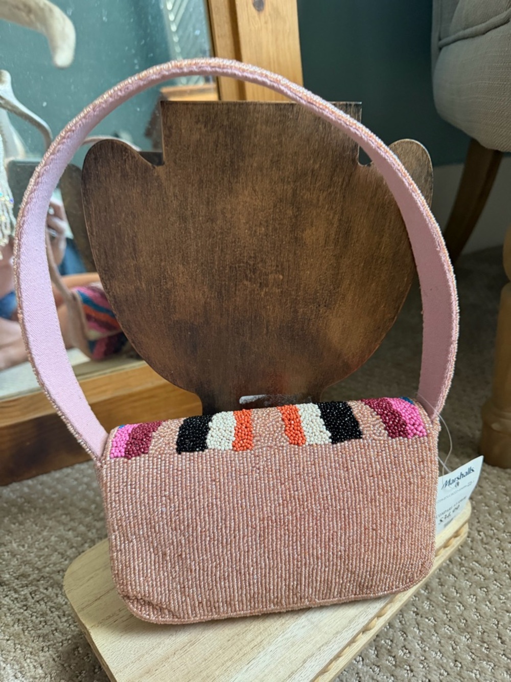 Beaded Multicolor Women’s Shoulder Bag - Pink Strap - Picture 2 of 3